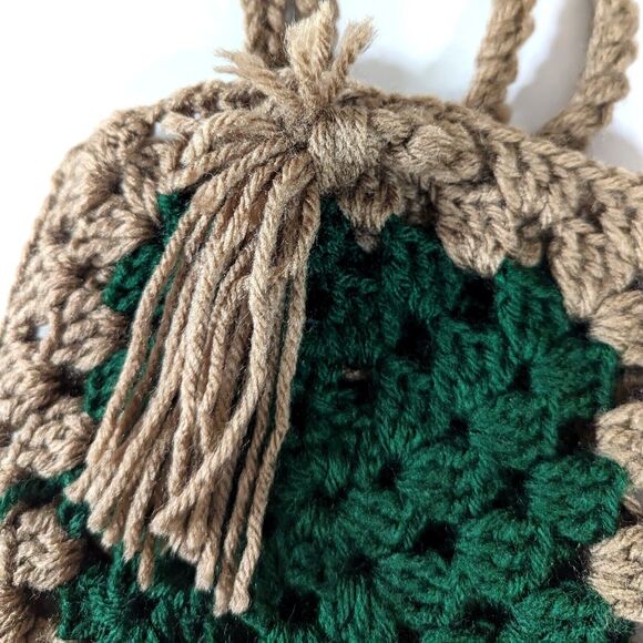 Vintage Handmade Granny Square Shoulder Purse Bag Green Beige Crochet Knit Mini - Picture 3 of 8